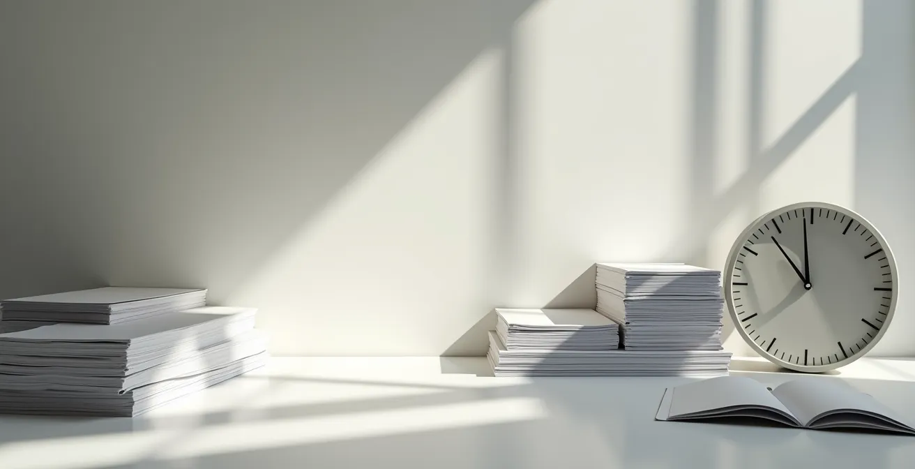 Bureau met klok en stapel formulieren waarbij tijd centraal staat