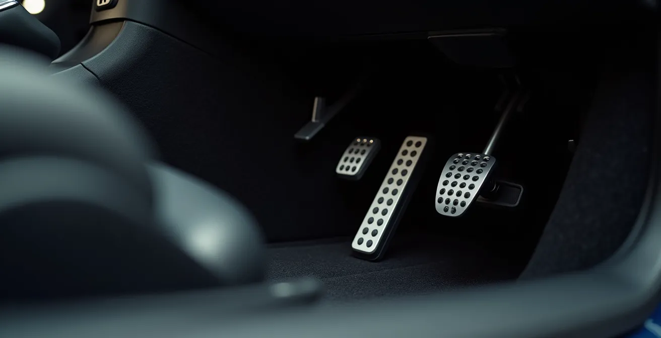 Close-up van aluminium pedalen met antislip patronen en rubberen inzetstukken