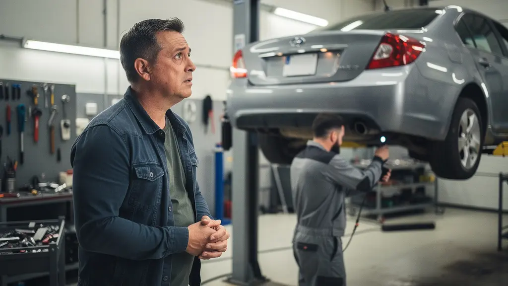 Een auto op een brug in een keuringshal met een bezorgde eigenaar op de voorgrond en veel lege ruimte naast het onderwerp.
