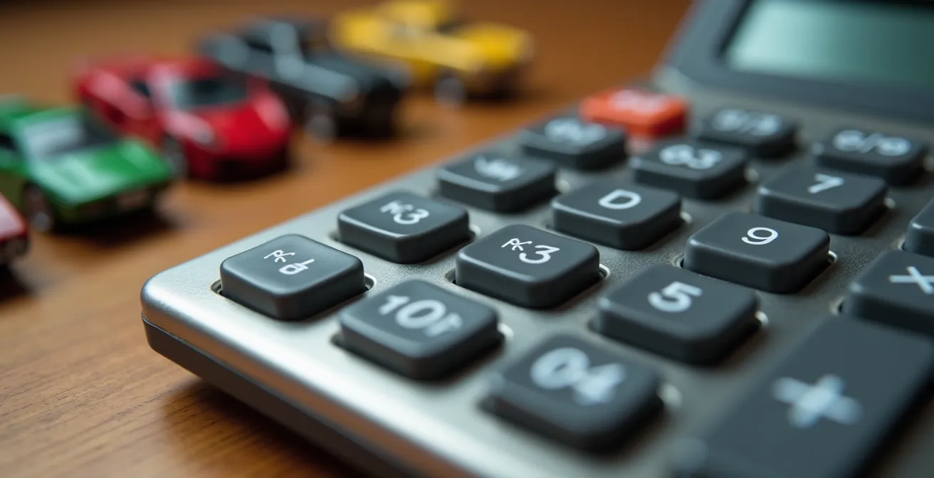 Bureau met financiële planning documenten en automodellen zonder leesbare tekst