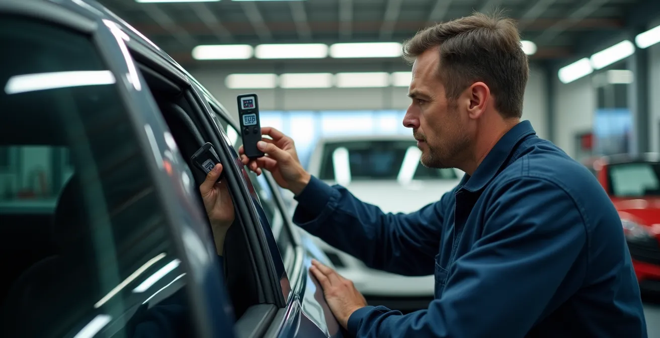 Professionele tintmeting van autoruit in garagewerkplaats