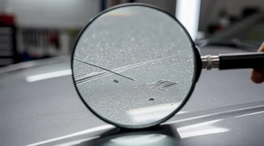 Professionele schade-expert inspecteert autoschadeMacro van de staat van de autolak met vergrootglas