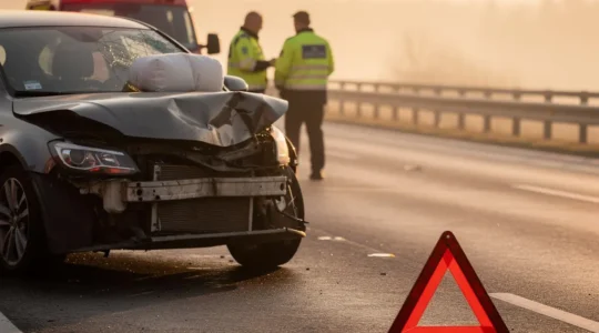 Beschadigde auto op een veilige plek langs de snelweg met hulpverleners in de vroege ochtend