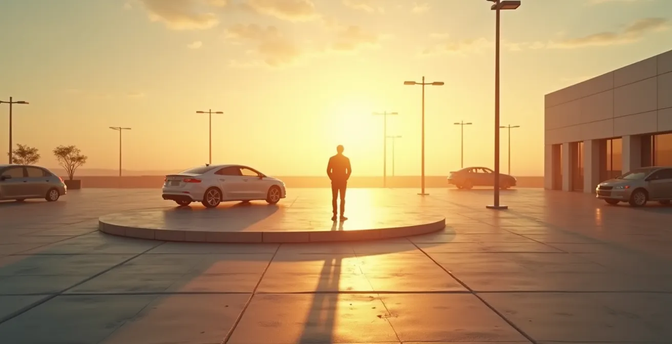 Lege dealerparkeerplaats met wachtende klant kijkend naar leeg showroomplatform