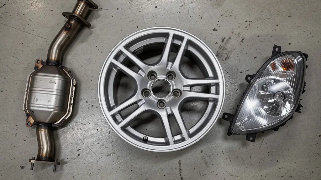 Close-up van beschadigde auto-onderdelen met waardevolle componenten zichtbaar