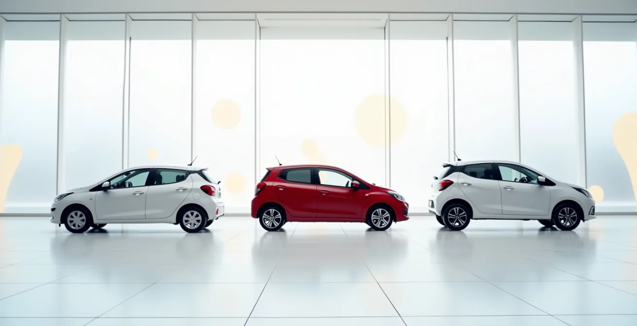 Overzicht van compacte stadsauto's in moderne dealerruimte