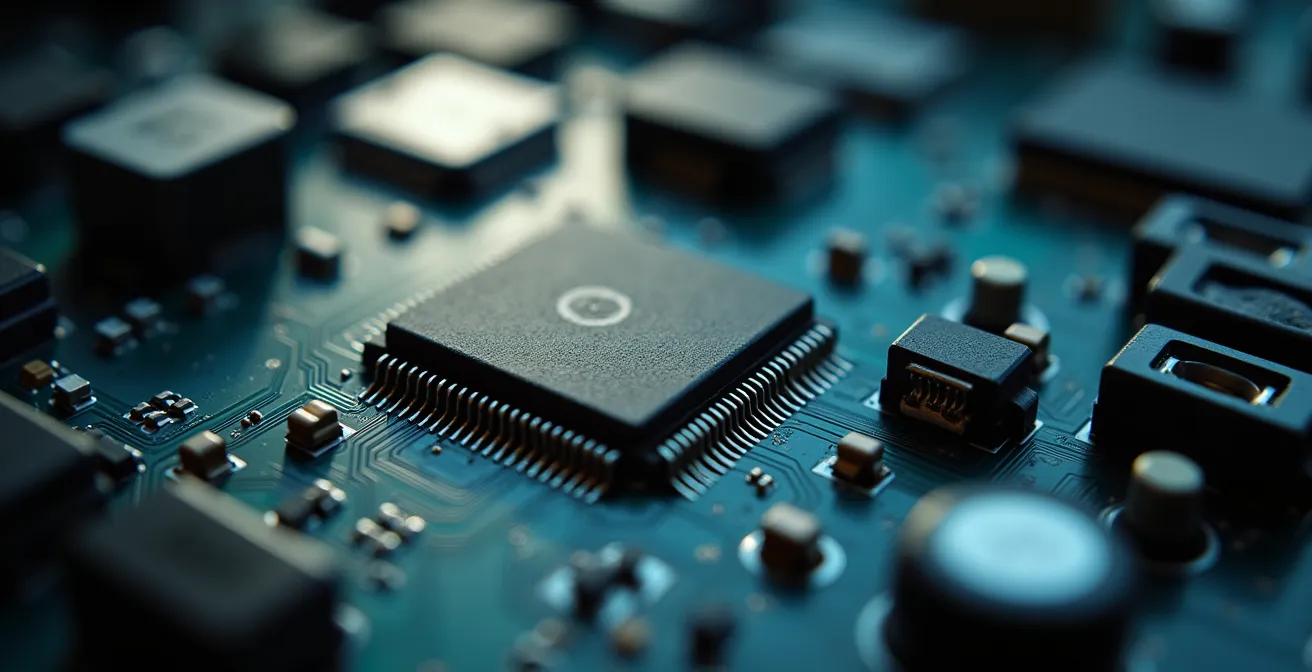 Macro-opname van moderne auto-elektronica printplaat met waarschuwingssignalen