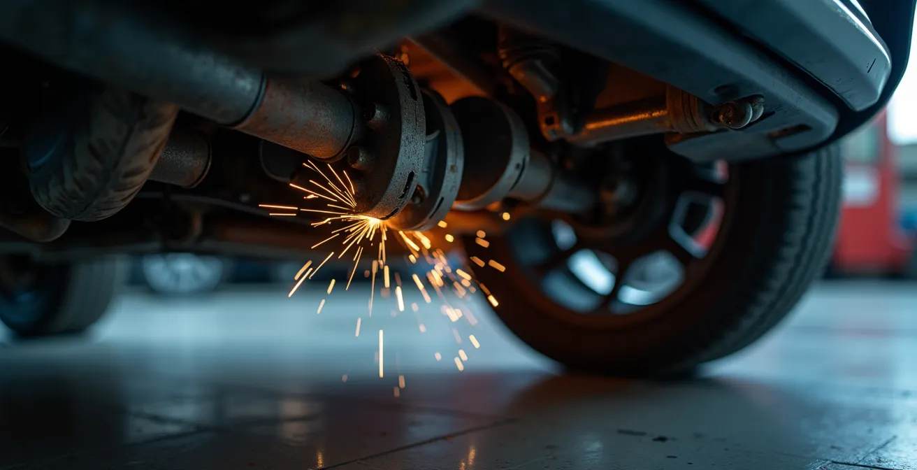 Close-up inspectie van chassisnummer en laswerk op auto onderstel