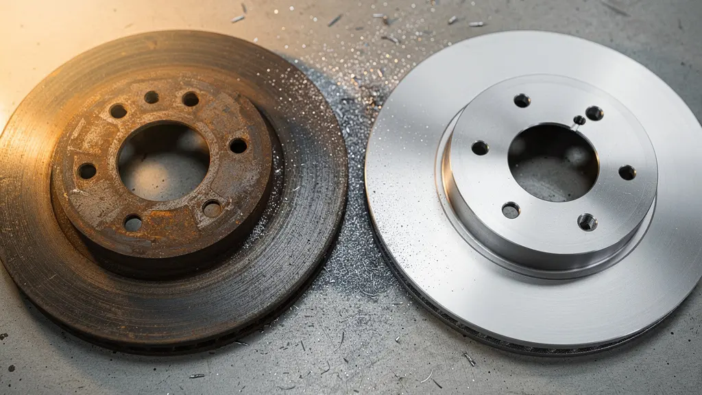 Close-up van een versleten remschijf naast een nieuwe remschijf, wat het verschil in slijtage illustreert