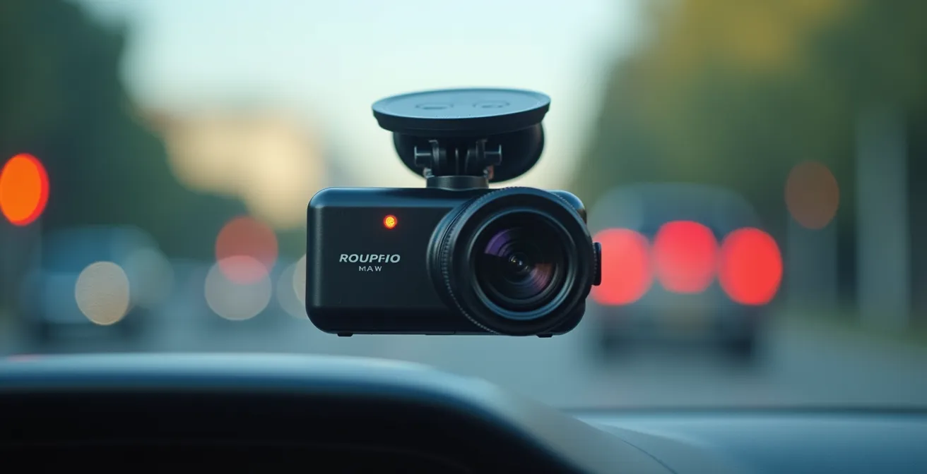 Dashcam in auto met metadata-informatie op achtergrond scherm wazig zichtbaar
