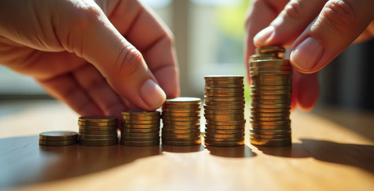 Close-up van handen met calculator en munten die financiële afweging symboliseren