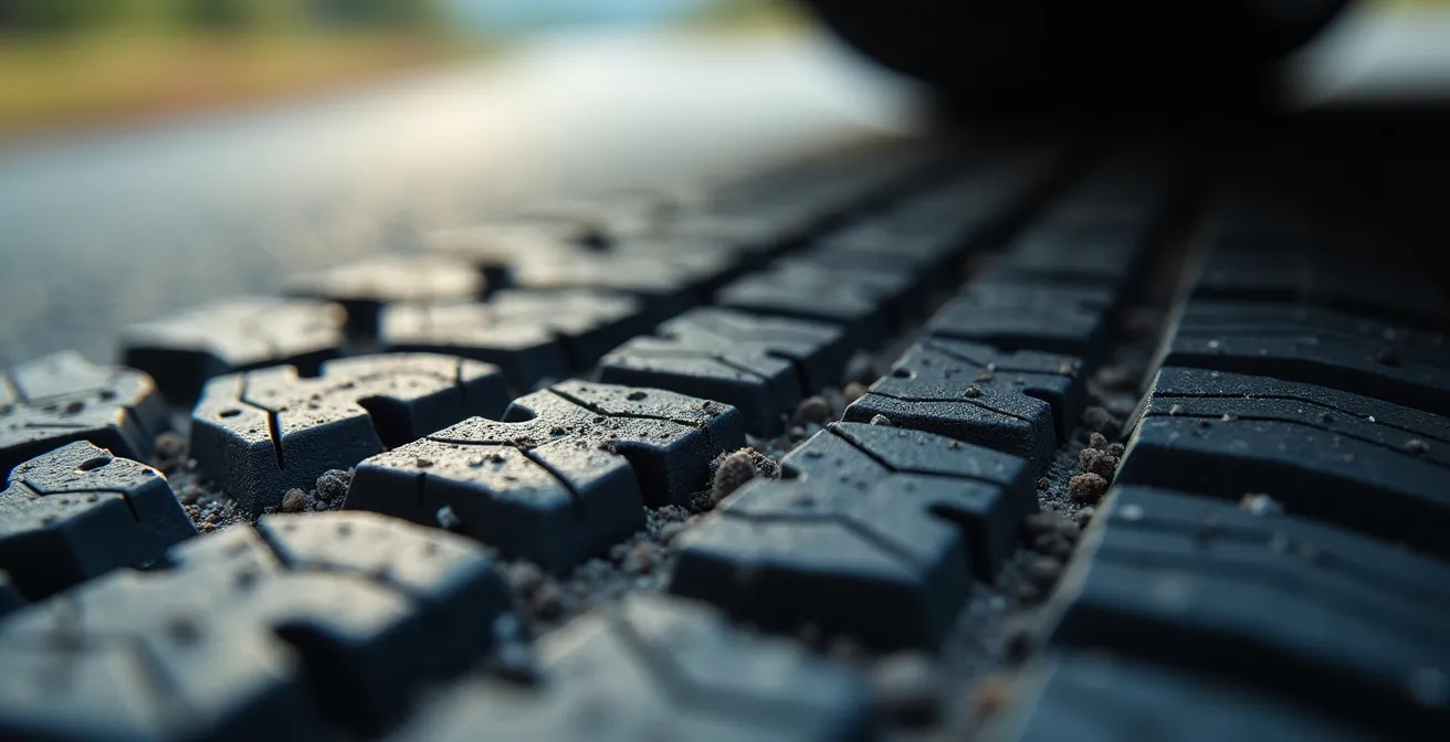 Extreme close-up van autobanden op asfalt met zichtbare slijtagedeeltjes