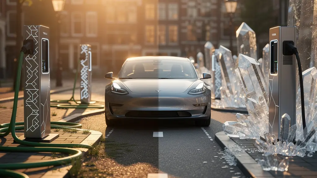 Elektrische auto op kruispunt tussen modern laadstation en futuristische solid-state technologie