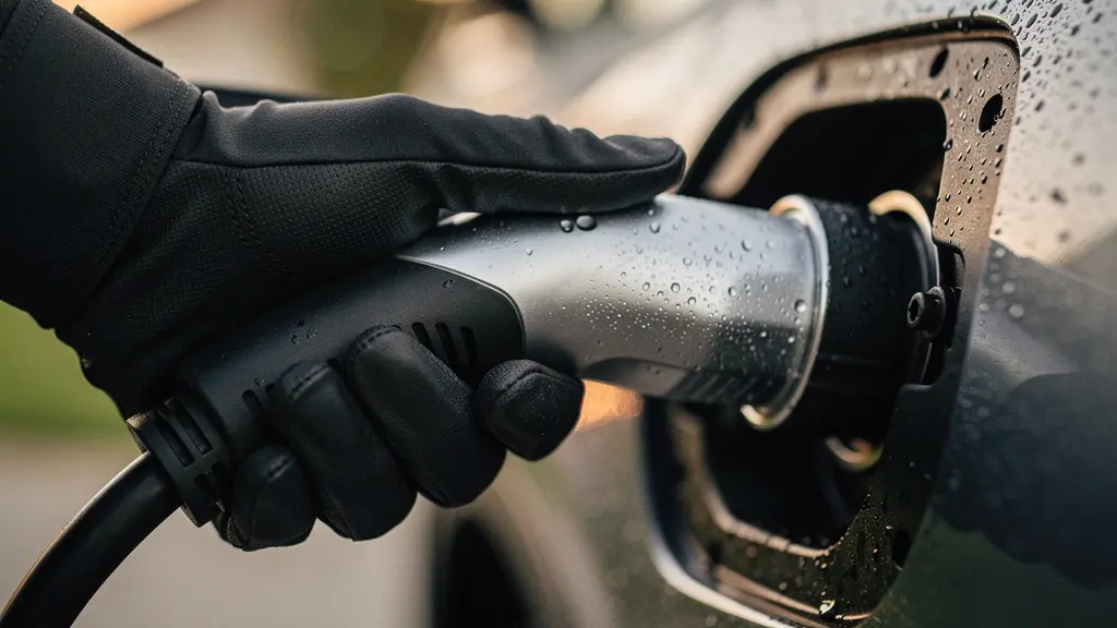 Extreme close-up van een laadkabel die wordt aangesloten op een elektrische auto, met tactiele texturen en zachte achtergrondverlichting