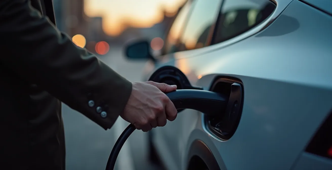 Moderne elektrische auto aan laadpaal met futuristische achtergrond