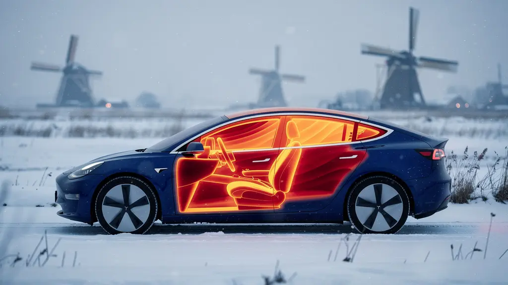 Doorsnede van elektrische auto in winterse omstandigheden met zichtbare warmtestromen