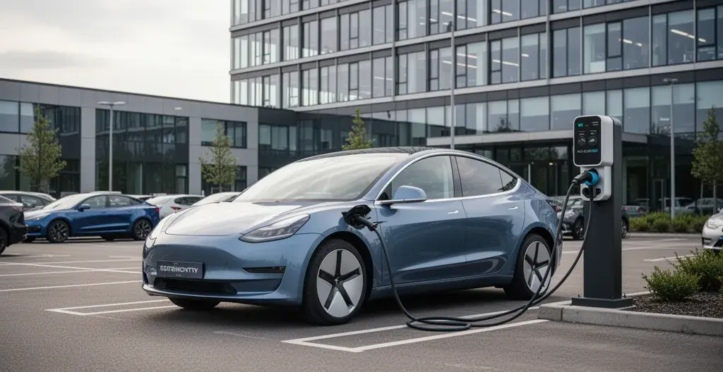 Elektrische bedrijfswagen aan laadpaal op bedrijfsparking voor kantoorgebouw