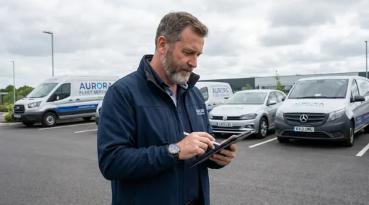 Fleet manager consulteert wagenparkgegevens op tablet voor bedrijfsvoertuigen