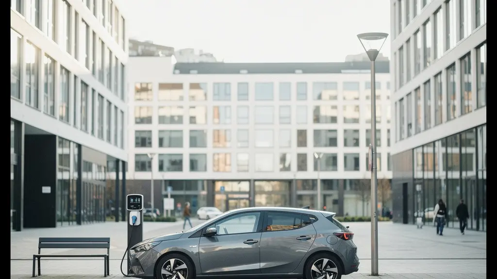 Brede, rustige stadsstraat met een anonieme deelauto langs de stoep en veel lege ruimte in beeld.