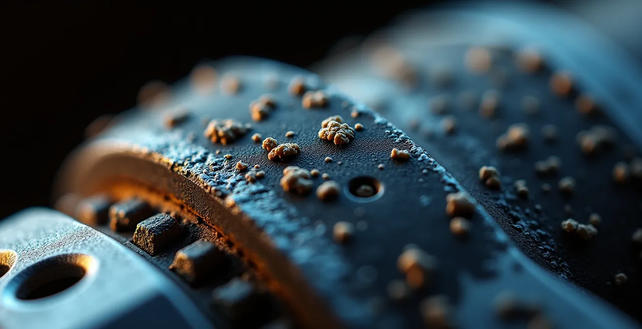 Microscopisch detail van versleten koolstofbaan in gaspedaalsensor