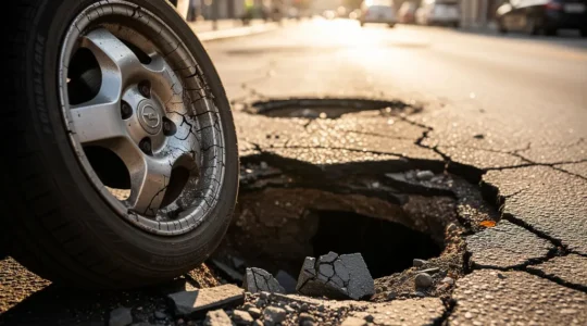 Auto met schade aan velg door diepe put in de weg met waarschuwingsbord