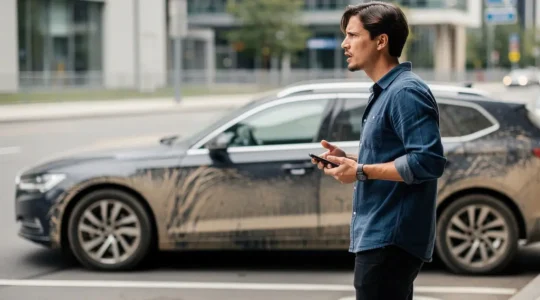 Een persoon staat bij een lege parkeerplek in de stad en zoekt naar een gereserveerde deelauto.