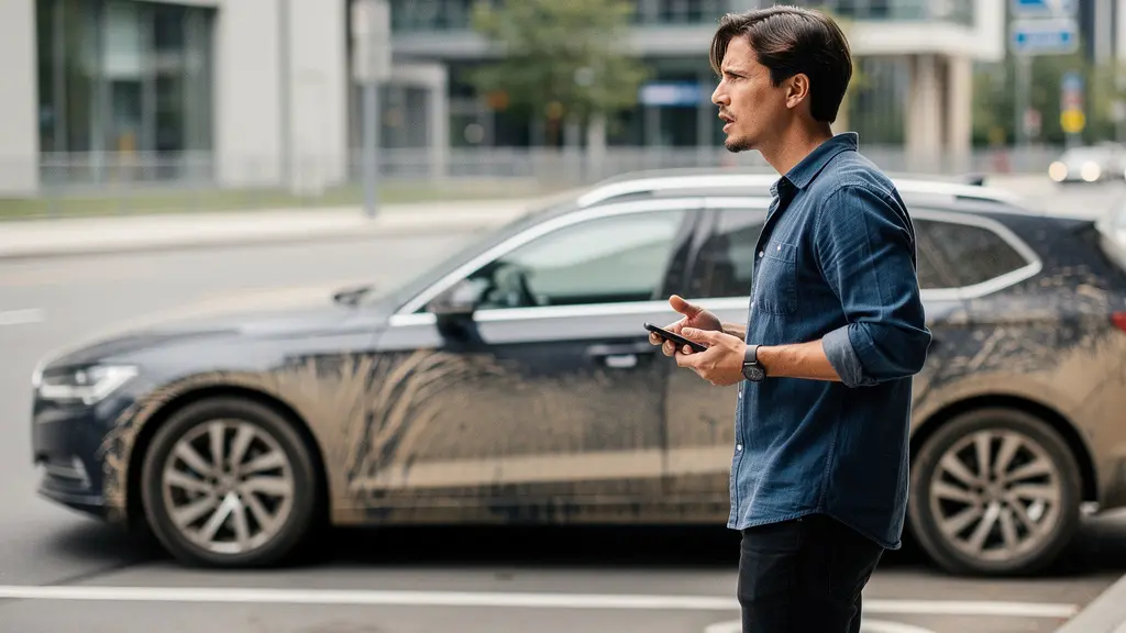Een persoon staat bij een lege parkeerplek in de stad en zoekt naar een gereserveerde deelauto.