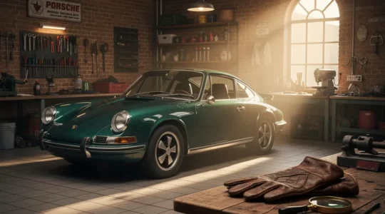 Een glanzend gerestaureerde klassieke auto in een sfeervolle garage, met warm licht dat de chromen details benadrukt en een taxatierapport-concept oproept.