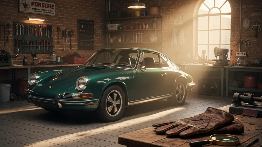 Een glanzend gerestaureerde klassieke auto in een sfeervolle garage, met warm licht dat de chromen details benadrukt en een taxatierapport-concept oproept.