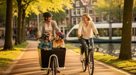 Gezin op een fietspad in de stad met bakfiets en kinderen, groene stadsgezicht op achtergrond