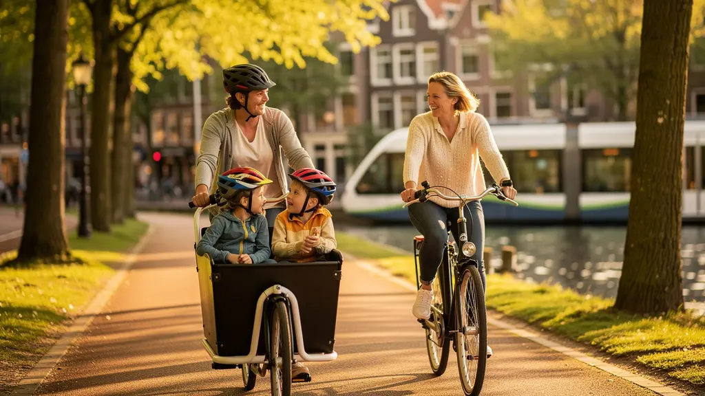 Gezin op een fietspad in de stad met bakfiets en kinderen, groene stadsgezicht op achtergrond