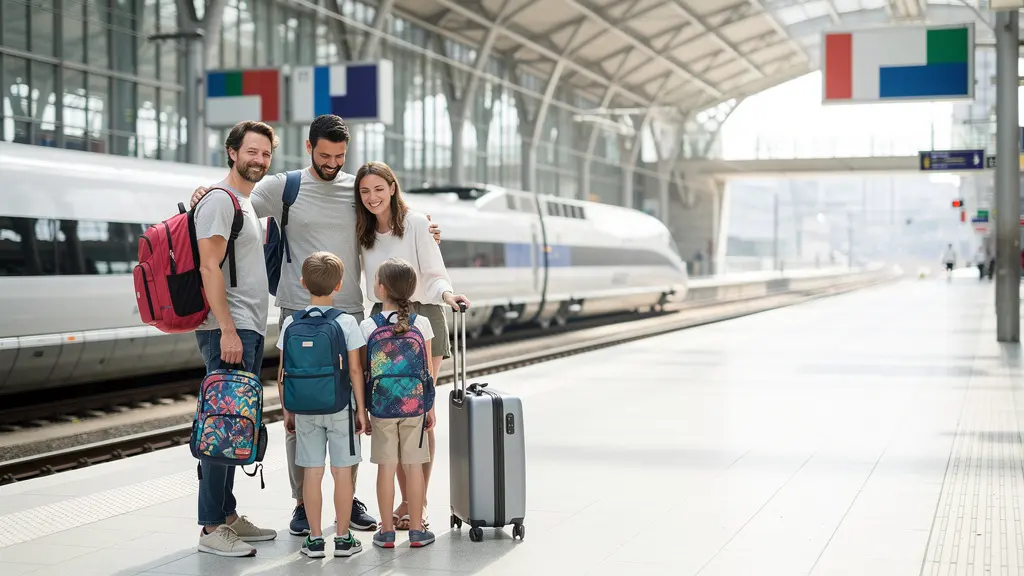 Familie met rugzakken en compacte bagage op modern Frans treinstation