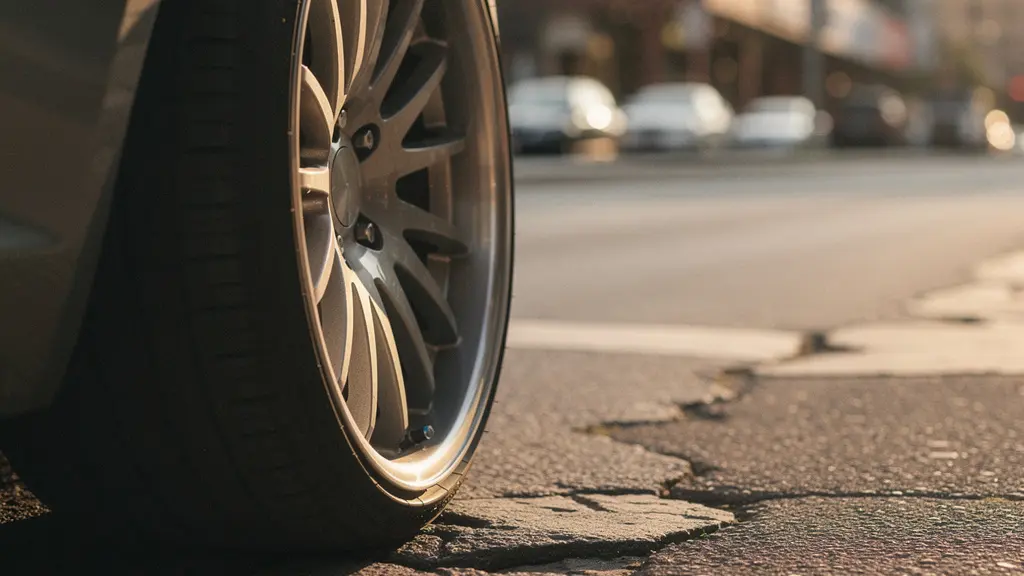 Zijaanzicht van een auto met grote lichtmetalen velgen en lage bandwangen op een hobbelig wegdek, wat het effect van onafgeveerd gewicht en comfort illustreert.
