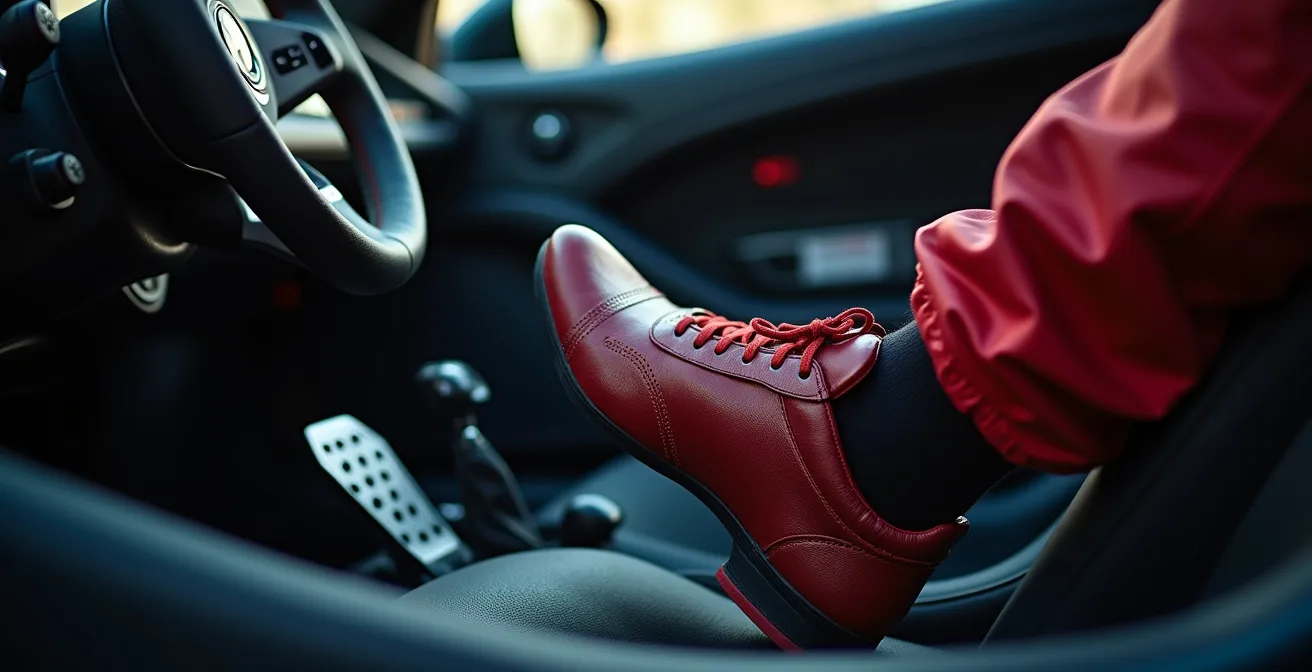 Voet die heel-and-toe techniek demonstreert op aangepaste pedalen