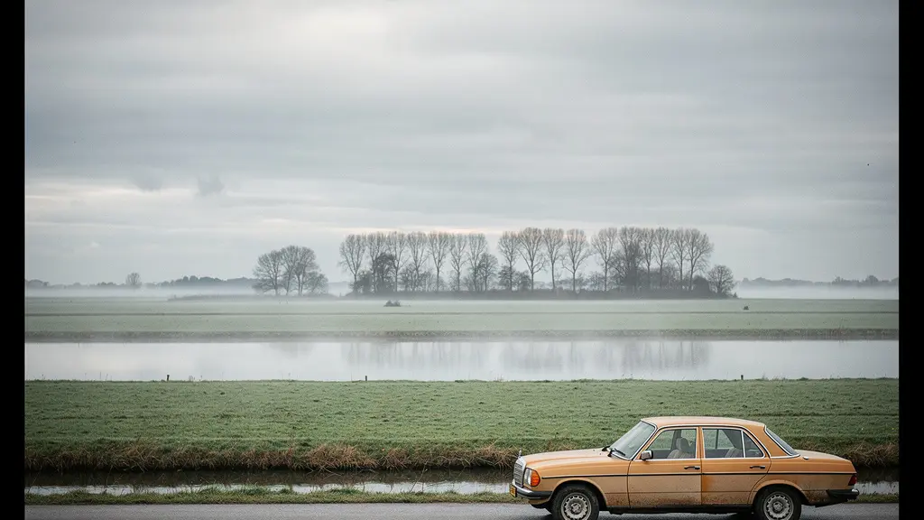 Een klassieke dieselauto geparkeerd op een lege, mistige Nederlandse polderdijk — sfeerbeeld dat de eenzaamheid van stijgende bezitskosten voor oude diesels verbeeldt.