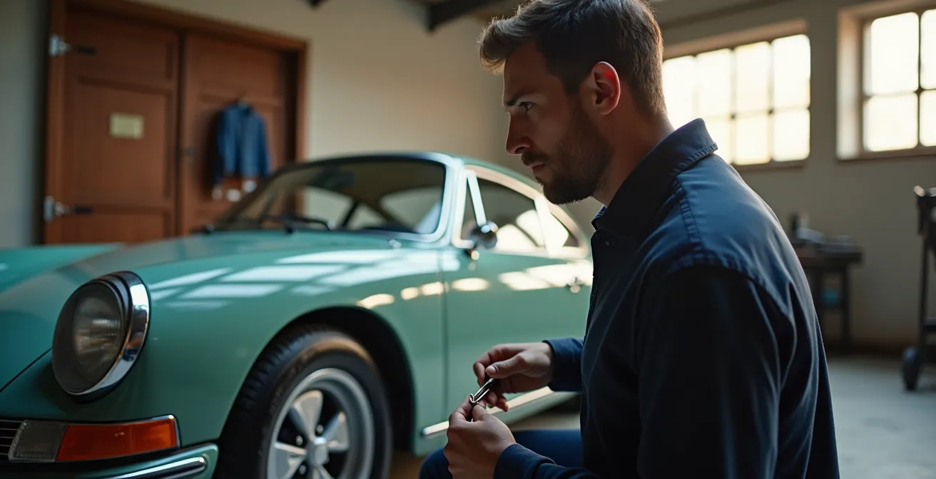 Klassieke sportwagen in garage met taxateur die inspectie uitvoert