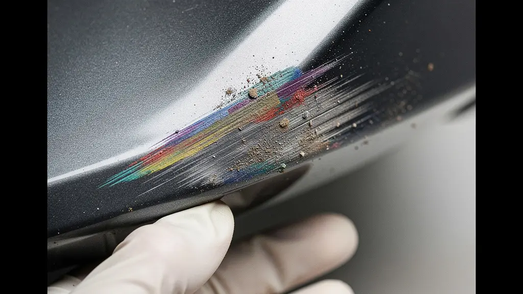 Macrofoto van lakoverdracht en microkrassen op een bumper, met duidelijke wrijvingsrichting en fijne textuurverschillen.