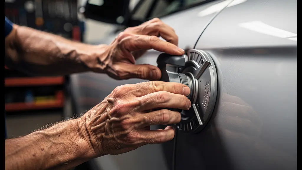 Detailopname van schademeting op leaseauto met meetinstrument