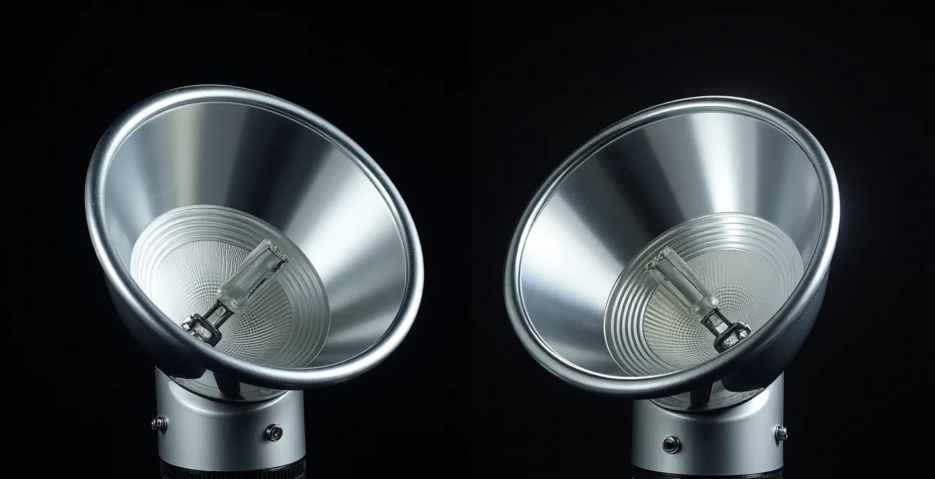 Technische macro-opname van LED lamp naast halogeen reflector unit