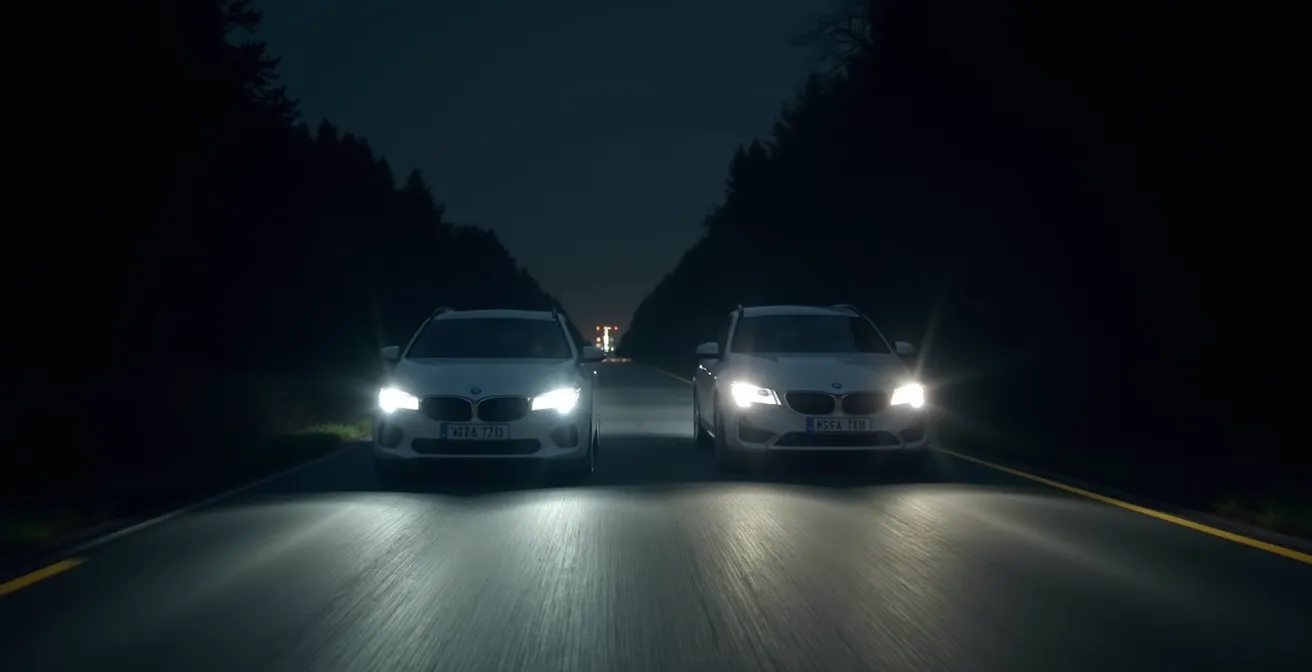 Vergelijking van lichtbundels tussen LED en halogeen koplampen bij nacht