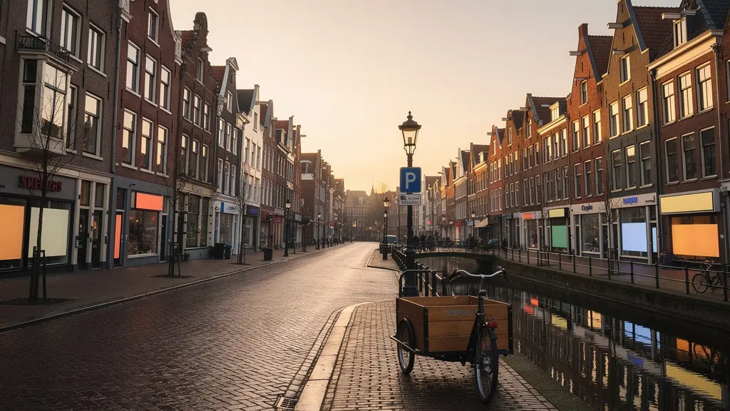 Brede opname van een stille Nederlandse binnenstad in vroeg ochtendlicht, zonder autoverkeer, met historische gevels en grachten