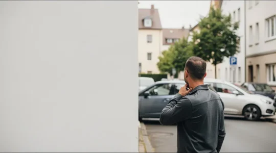 Een verkeersslachtoffer staat naast twee auto’s na een lichte aanrijding, zichtbaar gespannen, met veel lege ruimte in beeld voor een koptekst.