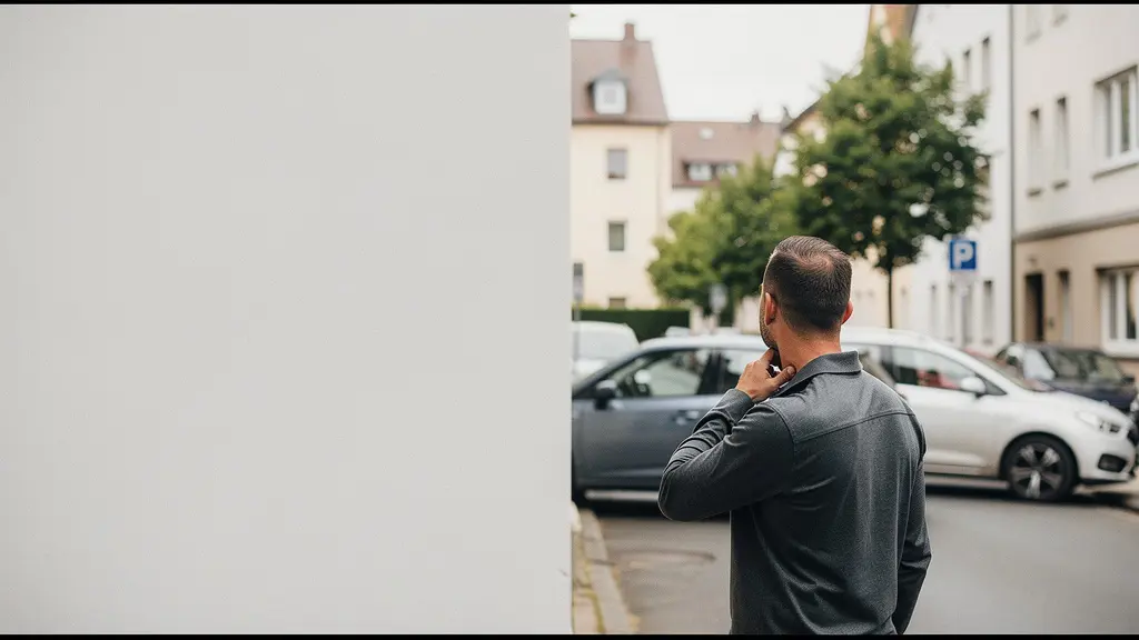 Een verkeersslachtoffer staat naast twee auto’s na een lichte aanrijding, zichtbaar gespannen, met veel lege ruimte in beeld voor een koptekst.