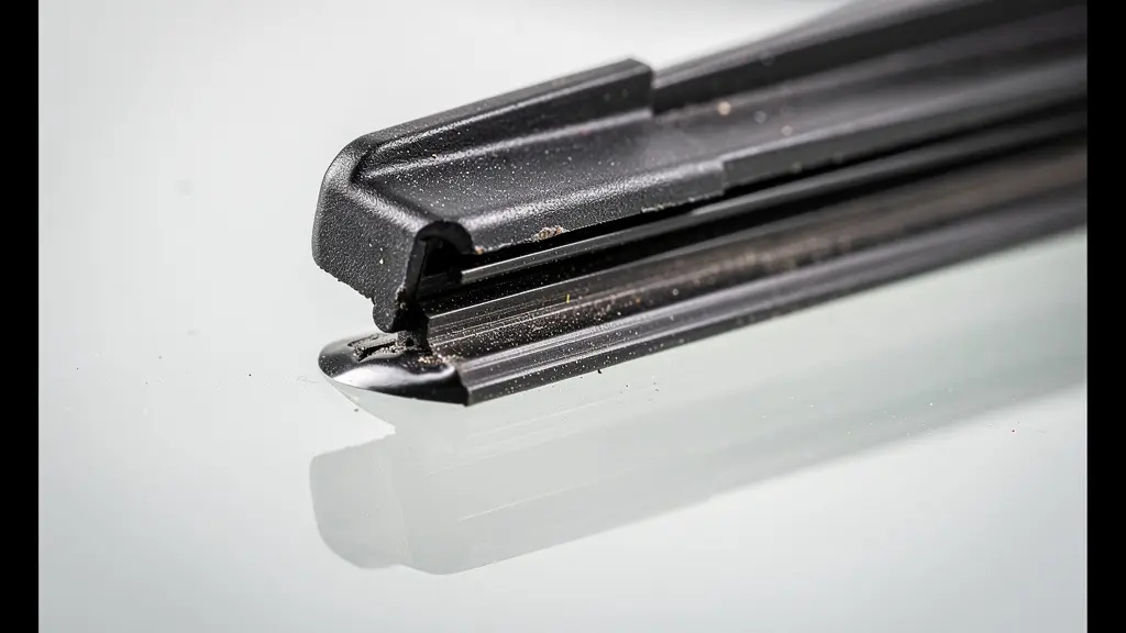 Extreem gedetailleerde macro-opname van de rand van een ruitenwisserblad op glas, die de hoek en textuur van het rubber toont, zonder tekst.