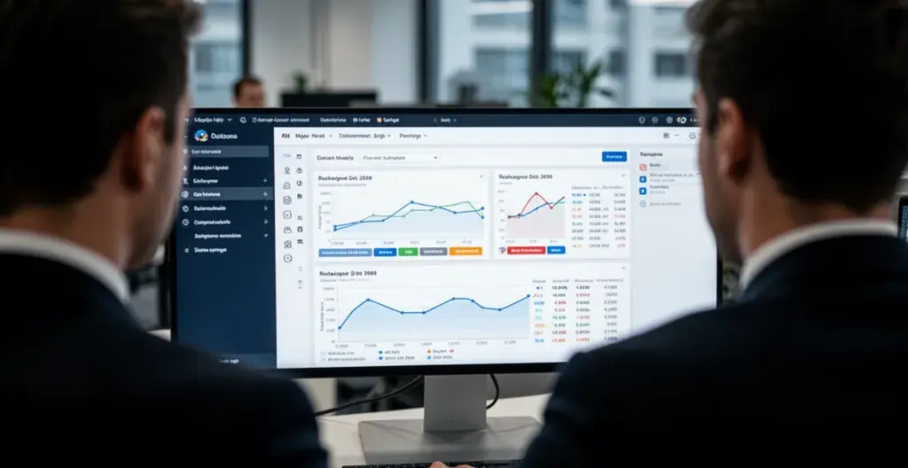 Ondernemer bekijkt vlootbeheersysteem op computerscherm in modern kantoor