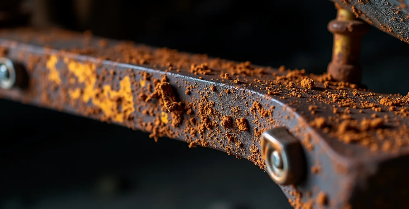 Close-up van verborgen roest aan chassisbalk van oudere auto