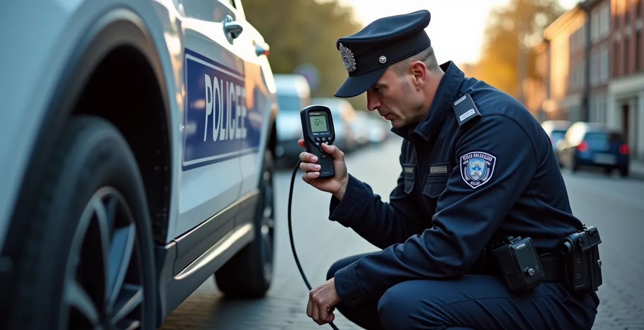 Politieagent meet geluid van auto-uitlaat met professionele apparatuur