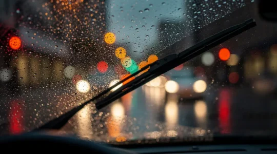 Close-up van een autoruit in de regen met een ruitenwisser in actie, op de achtergrond wazige stadslichten, zonder tekst.