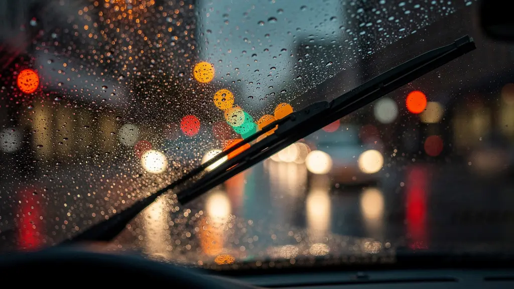Close-up van een autoruit in de regen met een ruitenwisser in actie, op de achtergrond wazige stadslichten, zonder tekst.