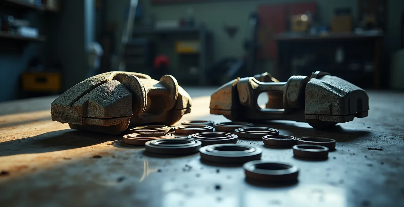 Gedemonteerde remklauw met revisieonderdelen op een werkbank, wat het proces van revisie illustreert.